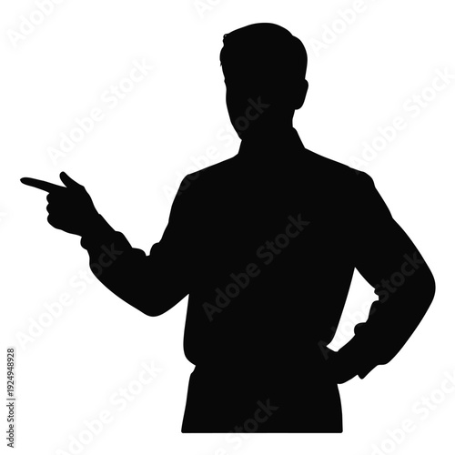 Silhouette of a person pointing to the right with a confident stance isolated on white background, Vector, illustration