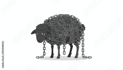 Sad Black Sheep with Chains Illustrates Burden and Constraint.