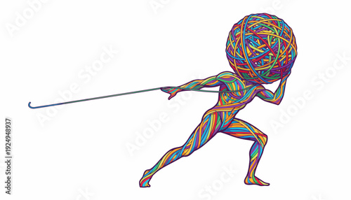 Abstract figure carrying a colorful textured sphere on its back, symbolizing burden or effort.
