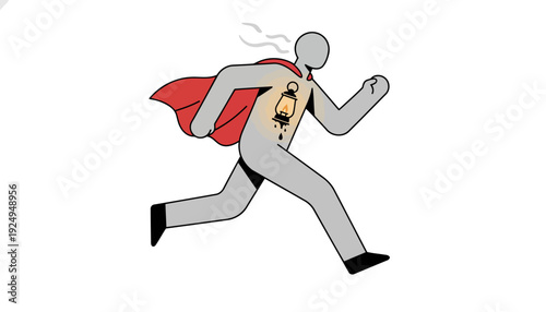 Superhero figure running with a glowing lantern in chest, symbolizing inner strength and guidance.