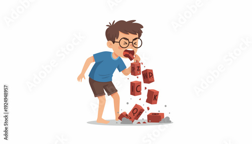 Young boy vomiting bricks, illustrating a feeling of sickness or distress.