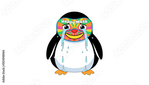 Penguin wearing a colorful mask with tears.