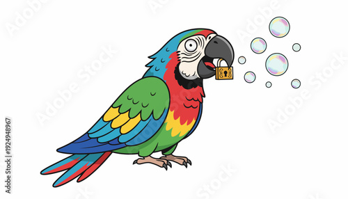 Colorful Parrot Holding Lock in Beak with Bubbles.