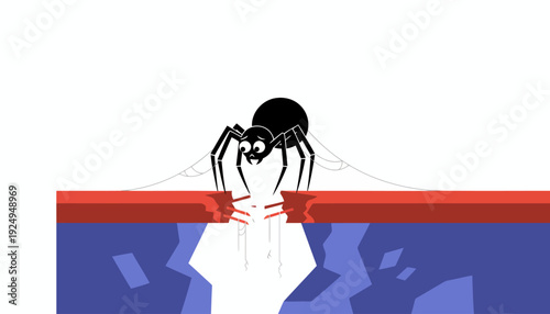 Black spider web crawling over a broken bridge.