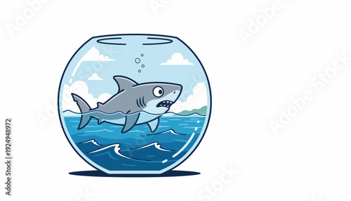 Cartoon shark in a small fishbowl with water waves.