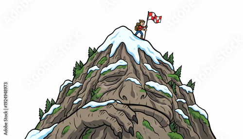 Cartoon Mountain with Face and Climber Reaching Summit with Flag.