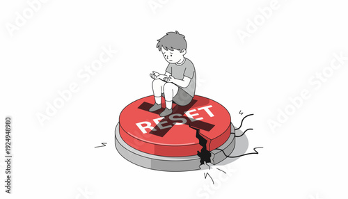 Young boy sitting on a broken red reset button.