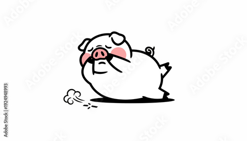 Cute Cartoon Pig Sneezing Adorably with Pink Cheeks and Curly Tail.