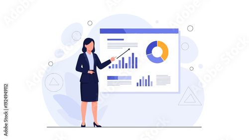 Businesswoman presenting financial charts and graphs on a whiteboard