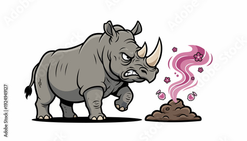 Angry Rhinoceros Cartoon with Smoking Poop Pile.