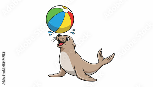 Happy Sea Lion Balancing Colorful Beach Ball on its Nose.