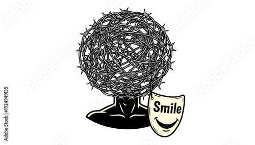 Barbed Wire Head with Smile Mask Concept.