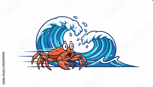 Cartoon Crab Running from Ocean Wave Illustration.