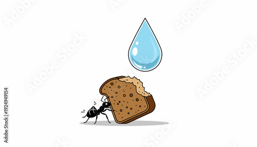 Ant carrying bread with a water drop above it.