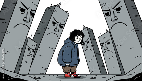 Sad young person feeling overwhelmed by large angry figures.