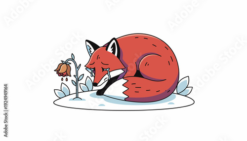 Cute Red Fox Sleeping Peacefully Next to a Fading Rose.