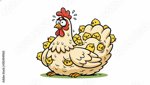 Cartoon Hen with Many Chicks Illustration.