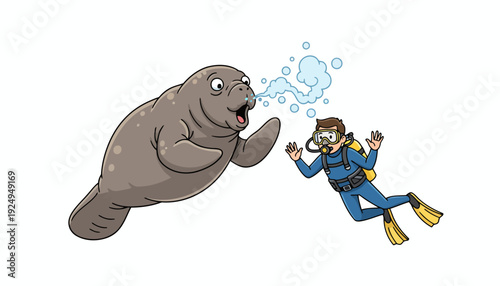 Manatee and Scuba Diver Encounter Underwater.