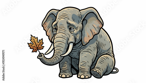 Sad Elephant Holding a Maple Leaf with its Trunk.