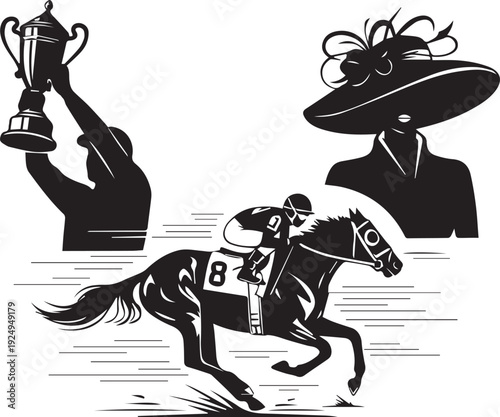Horse racing icons set vector silhouette illustration with jockey and elegant lady hat
