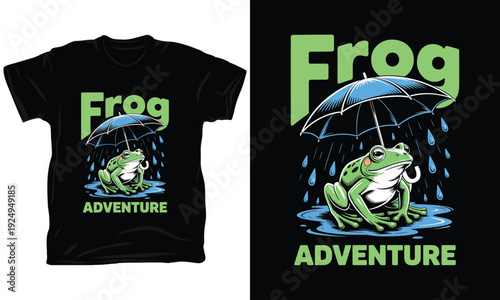 Frog adventure vector illustration, cute amphibian with umbrella in rain, nature wildlife theme