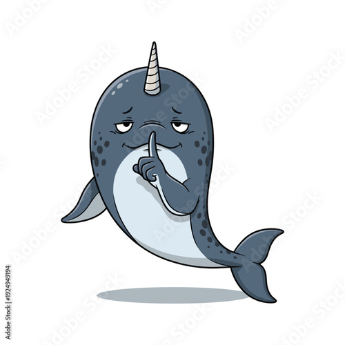 Cartoon narwhal with finger to lips in a quiet gesture on white background