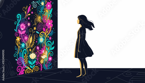 Silhouette of a young woman standing in front of a vibrant, colorful floral pattern, contemplating beauty and nature.