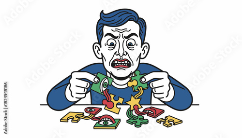 Frustrated Man Struggling with Jigsaw Puzzle Pieces.