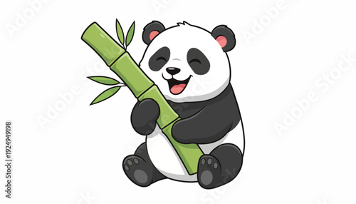 Happy Panda Bear Holding Bamboo Shoot Cartoon Illustration.