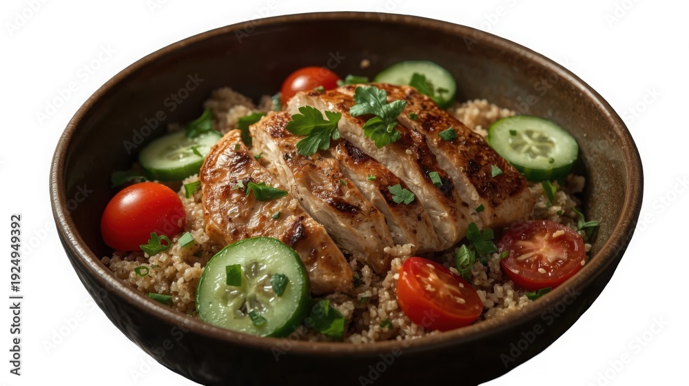 Fototapeta premium Grilled chicken quinoa bowl with fresh vegetables and herbs healthy meal