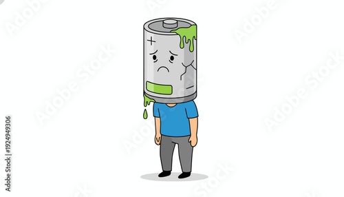 Sad Battery Head Person Depicting Low Energy and Exhaustion.