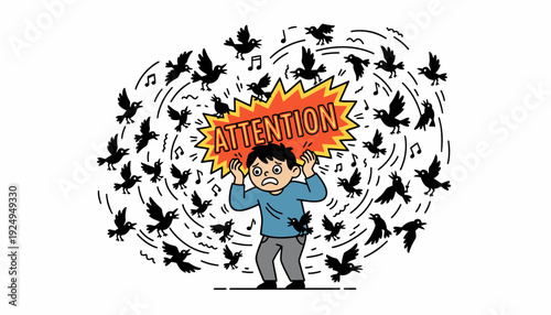 Man overwhelmed by noise and distractions, seeking attention, surrounded by chaotic birds.