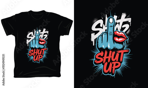 Shut up hand middle finger gesture vector illustration with red lips for rebellious shirts