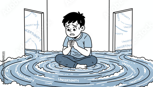 Young Boy Sitting in Water Feeling Anxious and Overwhelmed.