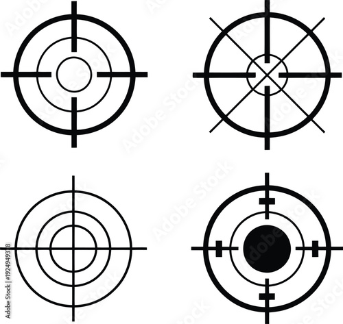 Four variations of target designs with crosshairs and concentric circles
