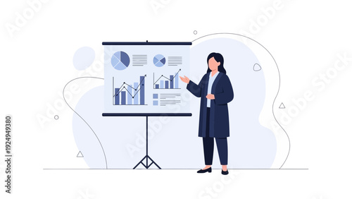 Businesswoman presenting financial data charts on a projection screen