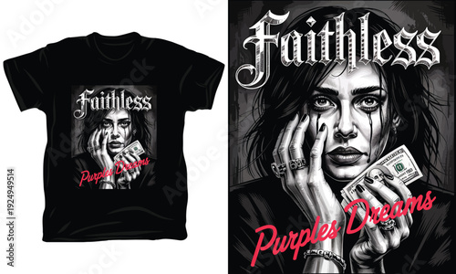 Faithless woman holding money vector illustration with purple dreams text