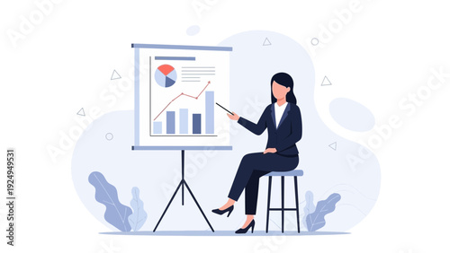 Businesswoman presenting financial data on flip chart, growth chart, analysis, strategy