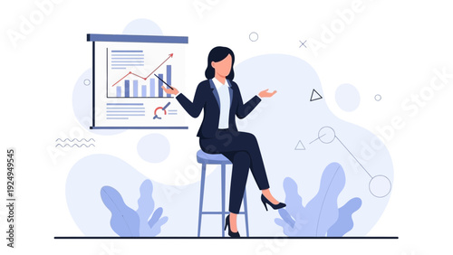 Businesswoman presenting financial growth chart on a whiteboard, modern flat illustration