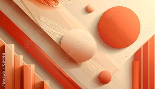 Geometric abstract composition, warm colors with shadows, spheres & rectangular forms