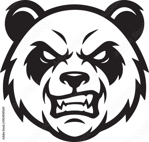 An illustrative black and white illustration of a fierce panda bear head, showing a menacing look.