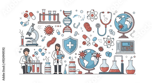 Healthcare and Medical Research Vector Illustration – Doctors, Laboratory Science and Global Health Concept