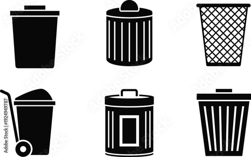 Trash can icon set with garbage bin, recycle container, wastebasket, and wheelie bin vector silhouettes for waste management and sanitation.