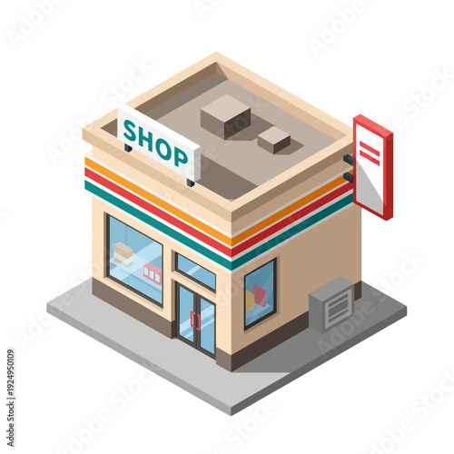 Isometric illustration of a modern convenience store with colorful stripes and signage.