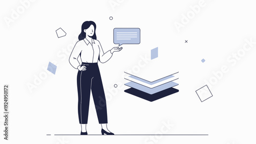 Businesswoman presenting layered data or information with speech bubble