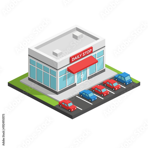 Isometric illustration of a convenience store with parking lot and vehicles.