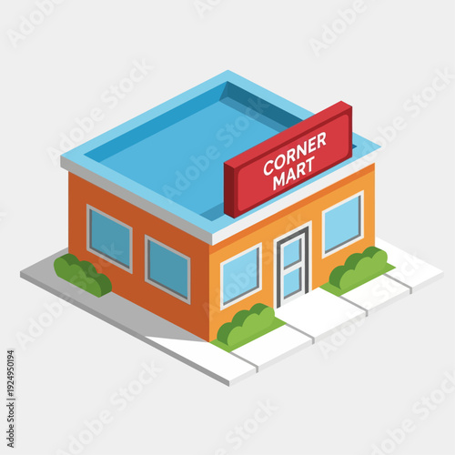 Isometric illustration of a corner convenience store with a red sign.