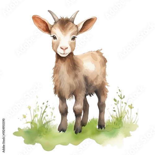 Charming watercolor illustration of innocence and joy of a young goat standing on a patch of fresh, green grass. Playful expression and bright eyes with happiness and wonder vector illustration. 