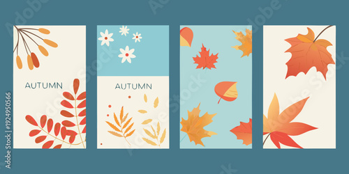 Four autumn themed panels with leaves snowflakes and seasonal colors