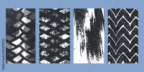 Four vertical panels displaying diverse black and white textured brushstrokes